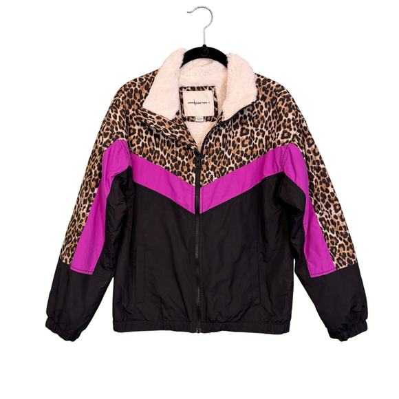 American Eagle Jacket Womens XS Leopard Animal Print 80s Retro Zip Sherpa Lined - Picture 1 of 8